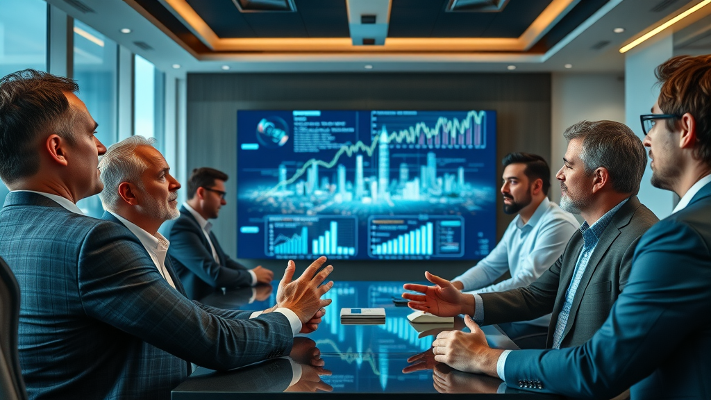 Motivational Houston business leaders developing AI authority strategies in a modern boardroom, city views and digital charts in background
