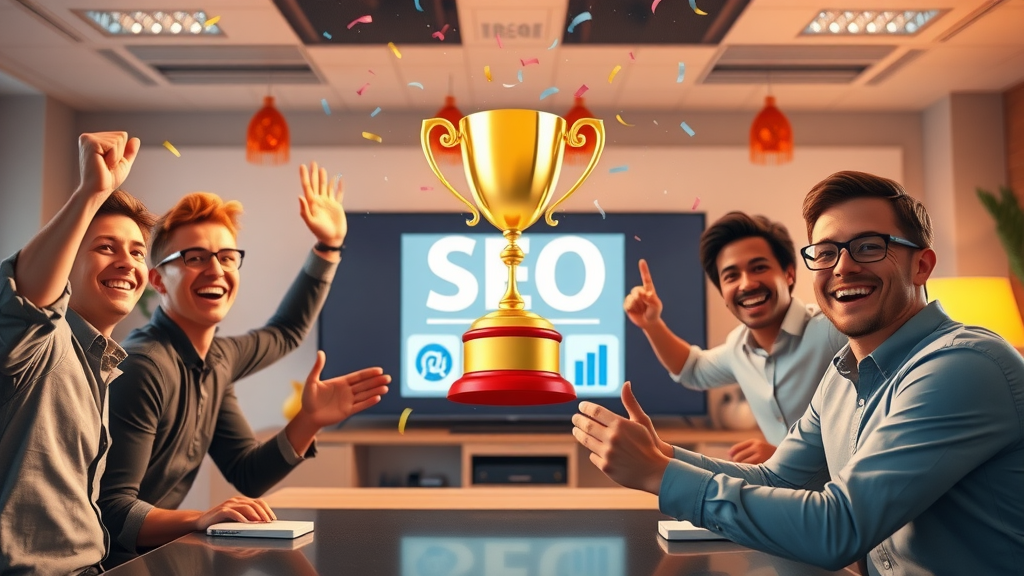 seo team celebrating voice search snippet win with digital trophy and graphs on screen