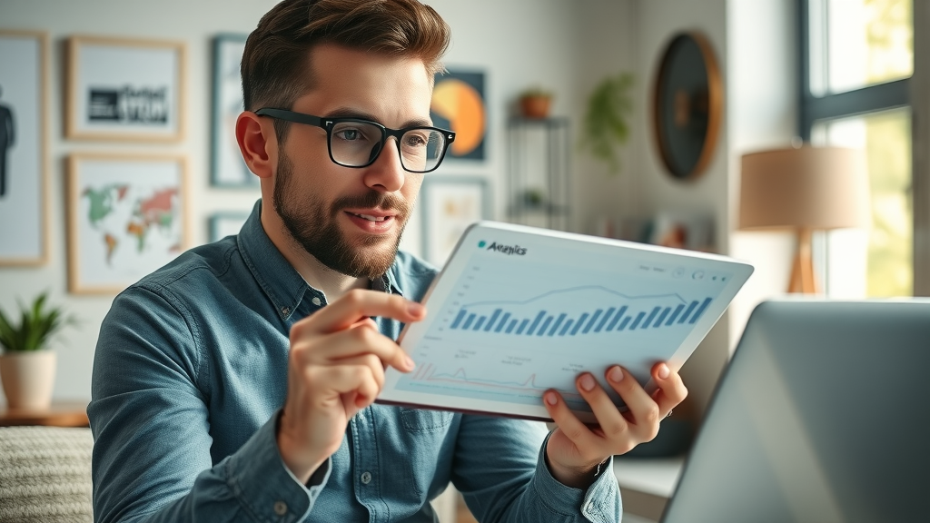 Innovative marketer using data analytics dashboard for data-driven marketing strategies in a modern workspace