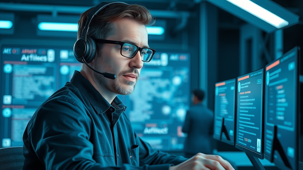 tech support expert resolving AI software issues for automated content tailoring in a futuristic setting