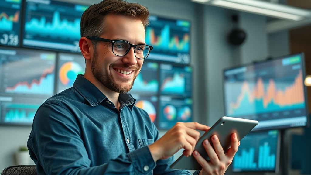 analytical digital marketer tracking conversion rate and KPIs with automated content tailoring tools