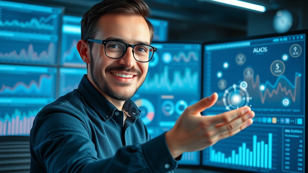 digital marketer in analytics control room visualizing AI-driven content data for behavior analysis