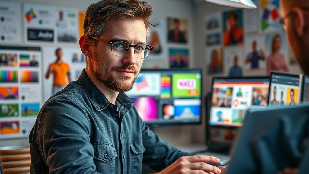 Graphic designer working with branding tools for unique visual content using content creation tools