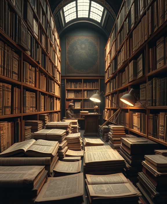 stratalyst origins, contemplative expression, laying foundations, photorealistic, library filled with historical documents, highly detailed, ancient manuscripts, digital interfaces side by side, sepia tones, dim desk lamp lighting, shot with a standard lens