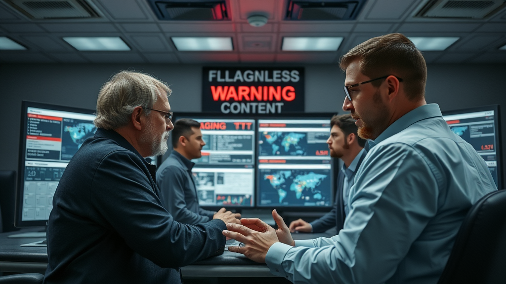 Analysts reviewing flagged content, AI detection, control room, warning screens, content detector team collaboration