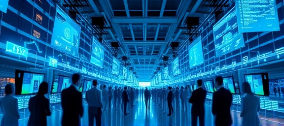 modern media channel digital, innovative approach, connecting people, photorealistic, in a high-tech virtual environment filled with floating screens and digital symbols, highly detailed, interactive elements and data streams, 5k resolution, electric blue and neon green palette, ambient glow, shot with a standard zoom lens.