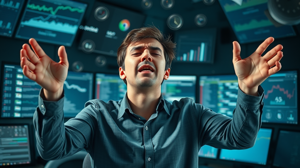 overwhelmed IT professional juggling data sources, stressed by recommendation system mistakes, busy command center