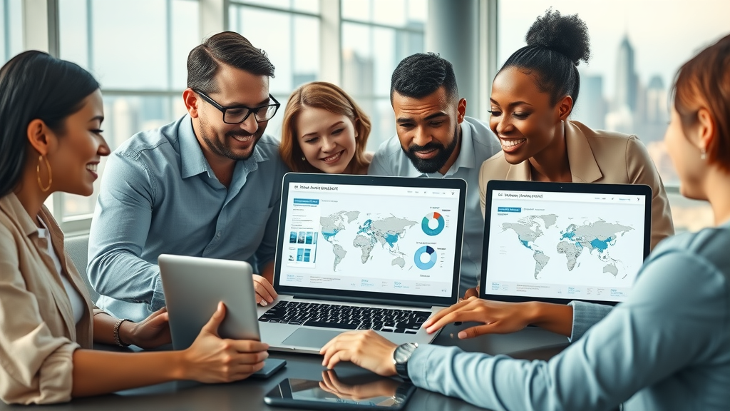 Diverse Houston marketing team customizing geo-targeted and multilingual campaigns with automated tools and city map overlays.