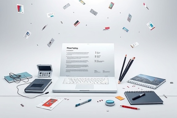 dynamic presskitmockup, futuristic, demonstrating usability, photorealistic, against a white backdrop with scattered office supplies, highly detailed, depicting print quality and fold lines, 8k resolution, cool colors, studio lighting, shot with a Panasonic Lumix GH5 and a 24-70mm lens.