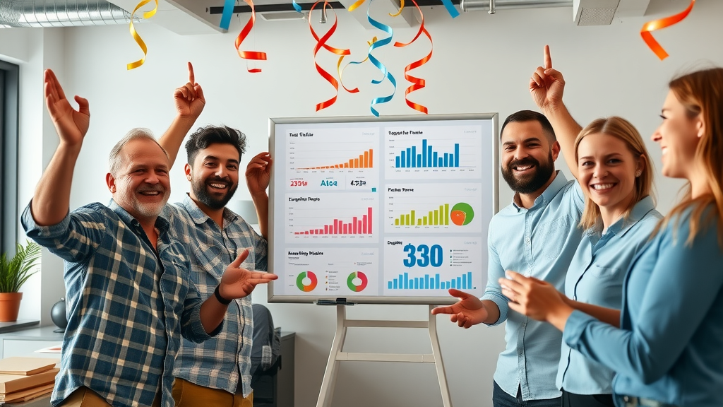 happy ecommerce business team celebrating AI-driven personalization sales growth, reviewing sales growth reports with artificial intelligence marketing dashboard