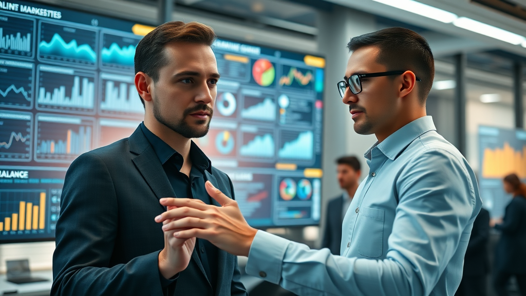 AI content prediction digital marketing team using AI-powered dashboards, modern office, data charts, advanced technology, crisp colors