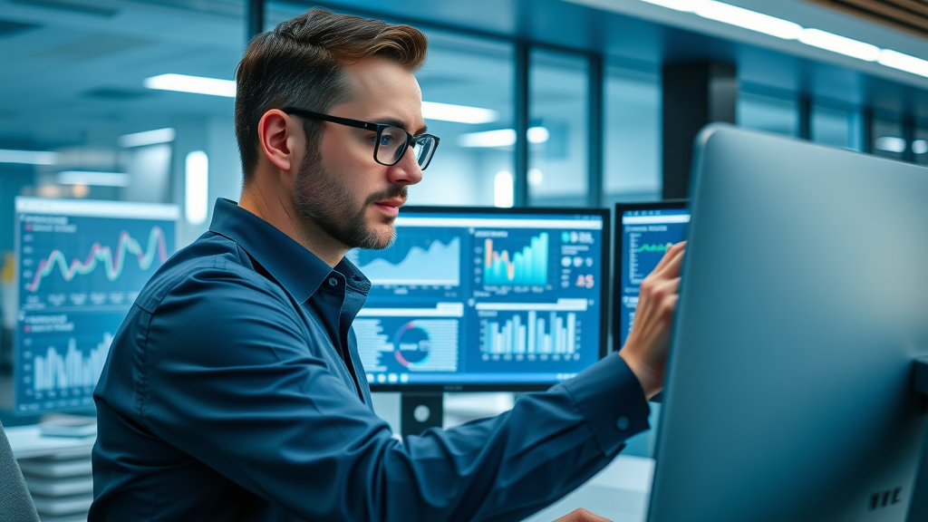 Professional digital marketer analyzing AI SEO tools for Houston business growth, dual monitors displaying interactive search engine and marketing analytics, Houston high-rise office with a city view