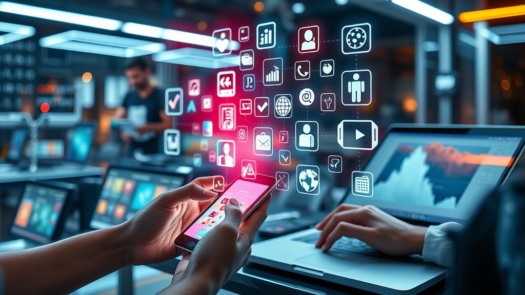 digital marketing tools for contractors - Array of digital marketing app icons and devices in a futuristic workspace
