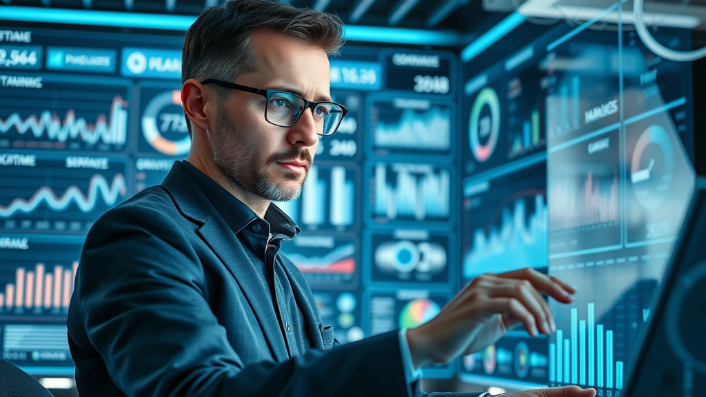 Marketing automation dashboard interface with automation software, expert analyzing campaign statistics in a high-tech office