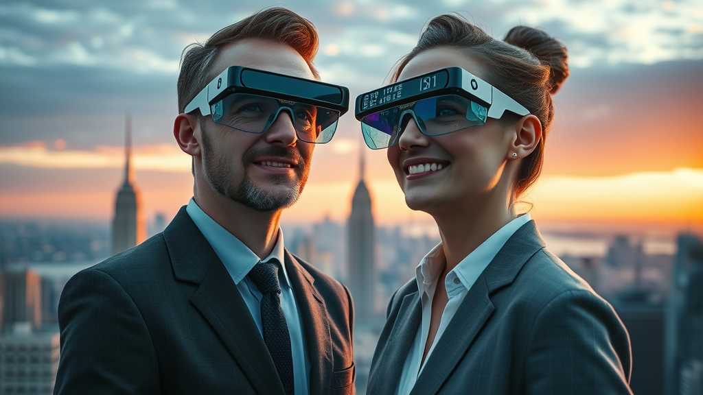 Executives Observing AI Personalization Trends Using AR in Futuristic City Environment