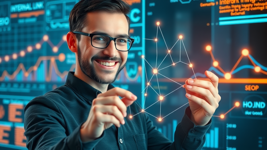 SEO specialist mapping internal link structure for SEO content creation with a digital network board