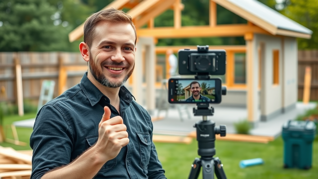 content marketing for contractors - Confident contractor recording a construction tips video with a tripod outside a partially built house