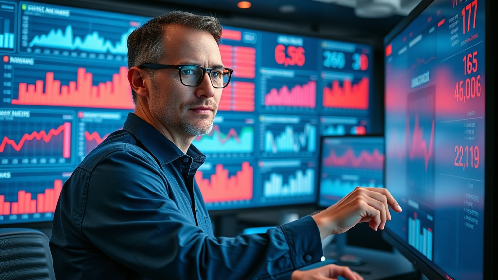 marketer reviewing interactive analytics for automation tool strategy on digital dashboard