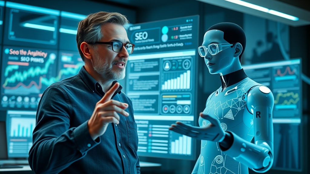 Expert and AI hologram collaborating on SEO strategy with floating charts in modern high-tech lab