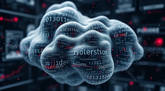 cloud of data, AI visibility data, manifesting information in air, photorealistic, floating within a dynamic tech environment, highly detailed, swirling bytes and bits forming patterns, 4K clarity, monochrome and crimson highlights, soft dramatic lighting, shot with a 70-200mm telephoto lens.