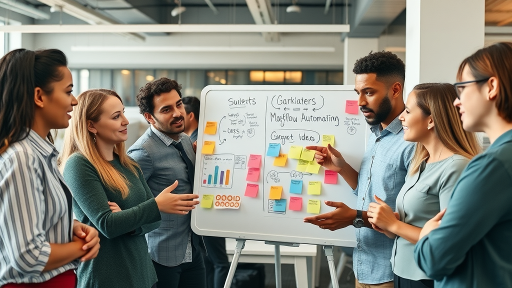 marketing team discussing workflow automation using digital whiteboard