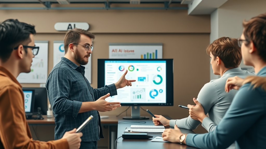 marketing trainer guiding team through artificial intelligence tools in collaborative learning environment