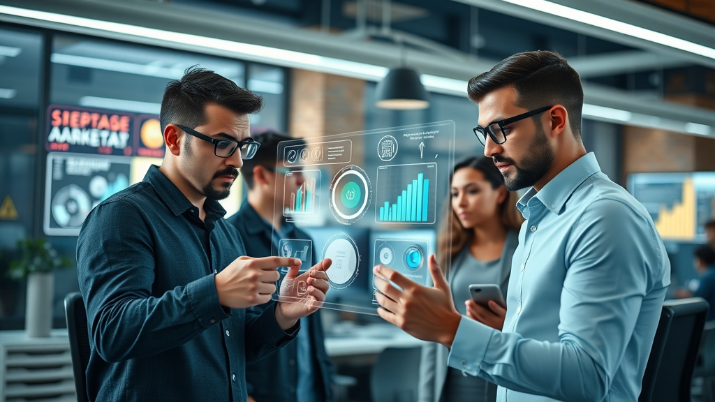 Futuristic digital marketing team collaborating with holographic AI tools in a tech-inspired coworking office