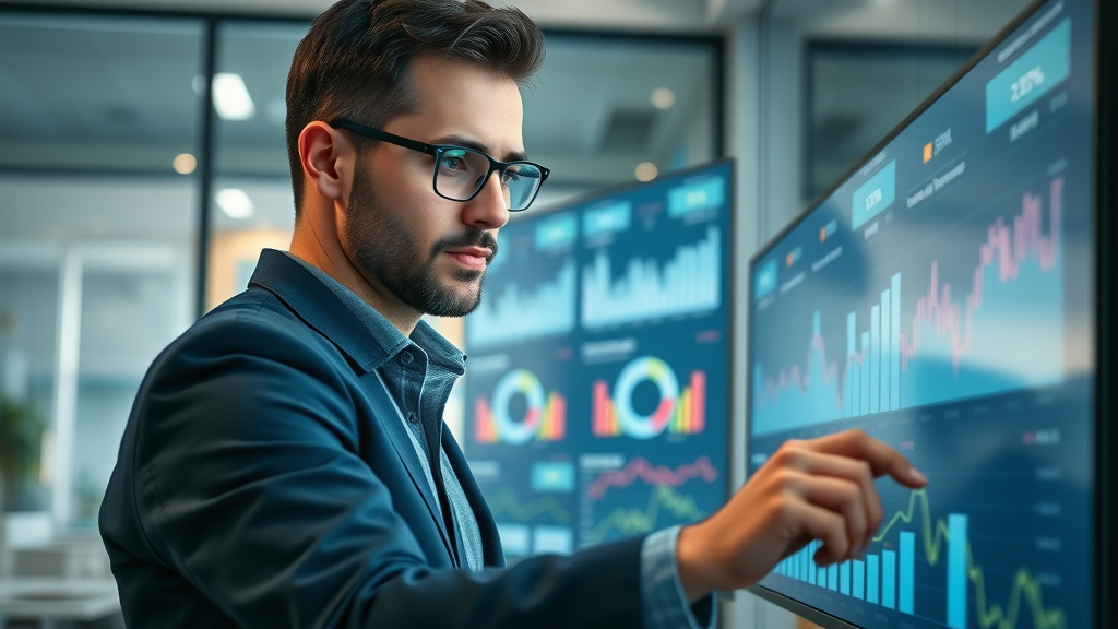 Modern digital marketer analyzing AI-driven marketing campaign dashboard in sleek office with digital marketing graphics