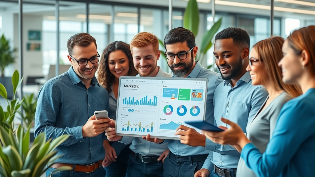 automation tool, diverse marketing team collaborating with automation tool interfaces in a modern office