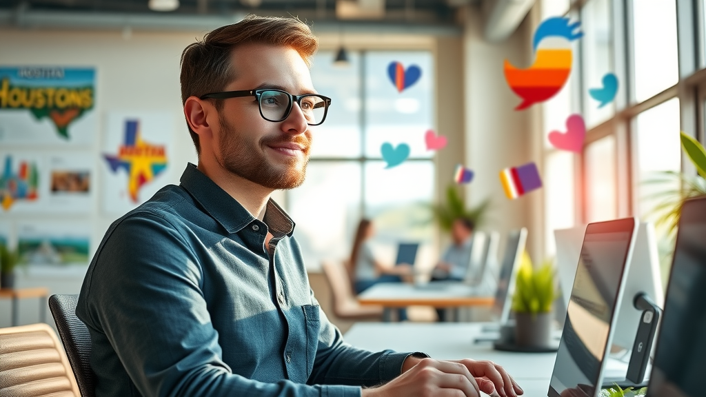engaged social media strategist at a modern workspace, optimizing performance dashboards, Houston social media marketing strategies.