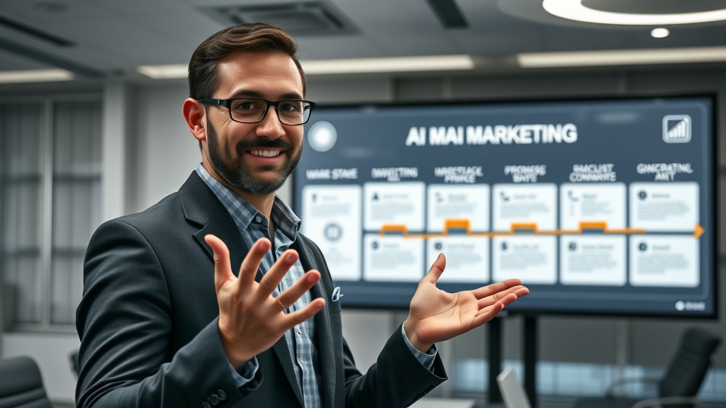 Digital strategist presenting step-by-step AI marketing strategy process in a modern conference room with interactive digital board