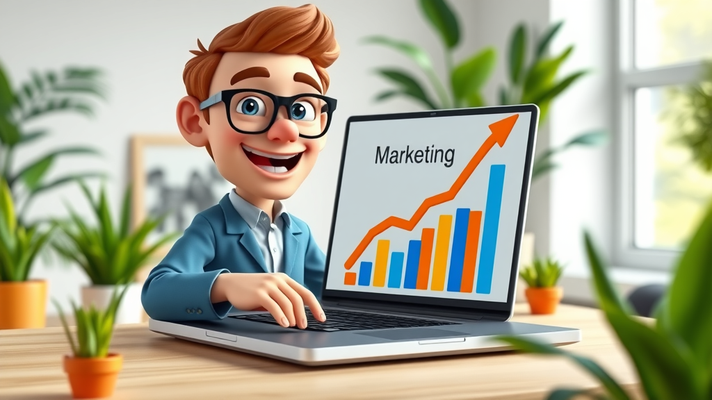 online marketing - Marketer showing upward-trending digital marketing metrics on a vibrant laptop display in a modern office