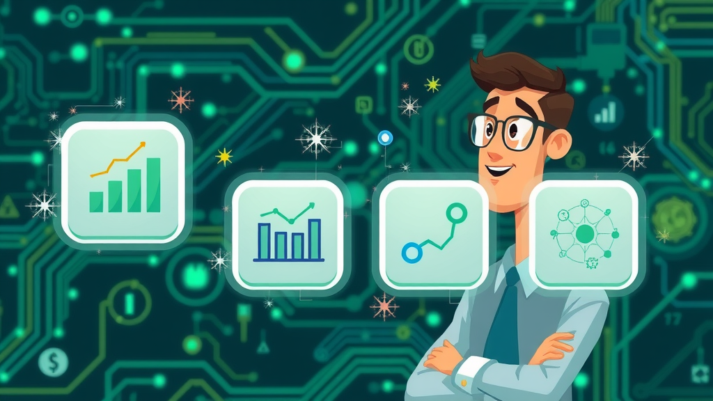 four types of predictive analytics in marketing icons: prediction, classification, forecasting, pattern recognition, with marketing specialist pondering