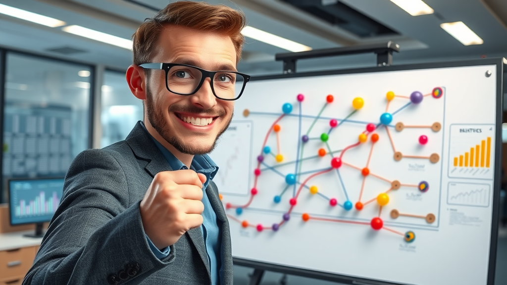 Creative marketer mapping multi-channel data-driven marketing strategies with interactive board