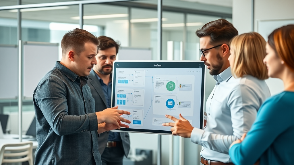 professional marketing team collaborating around a digital workflow board for marketing content workflow