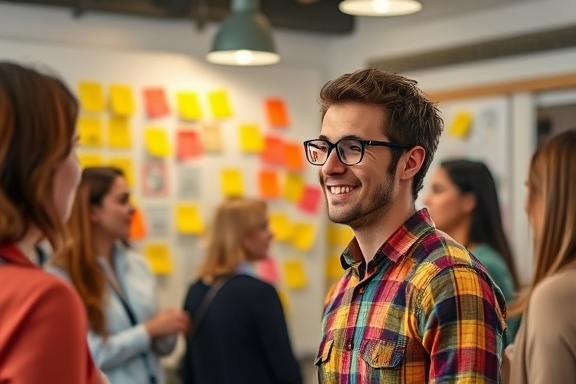 opportunity research, inspired visage, brainstorming ideas, photorealistic, co-working space with sticky notes on walls, highly detailed, vibrant discussions happening, razor-sharp clarity, bright and lively hues, pendant lighting, shot with a 28mm lens.