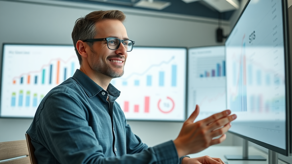 impressive marketing kpi dashboard showing predictive analytics performance, marketer analyzing conversion rates and campaign ROI