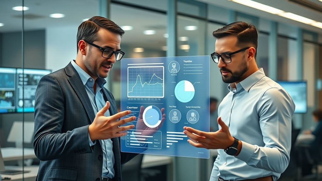 Innovative marketing leaders analyzing digital customer segments in a modern office with glowing transparent screen and AI data visualizations