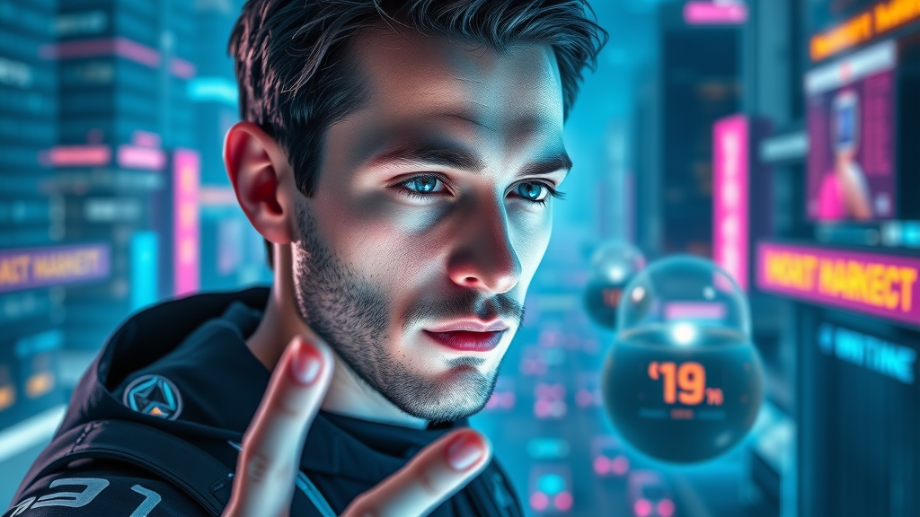 Visionary futurist showcasing emerging AI innovations in marketing with digital city backdrop