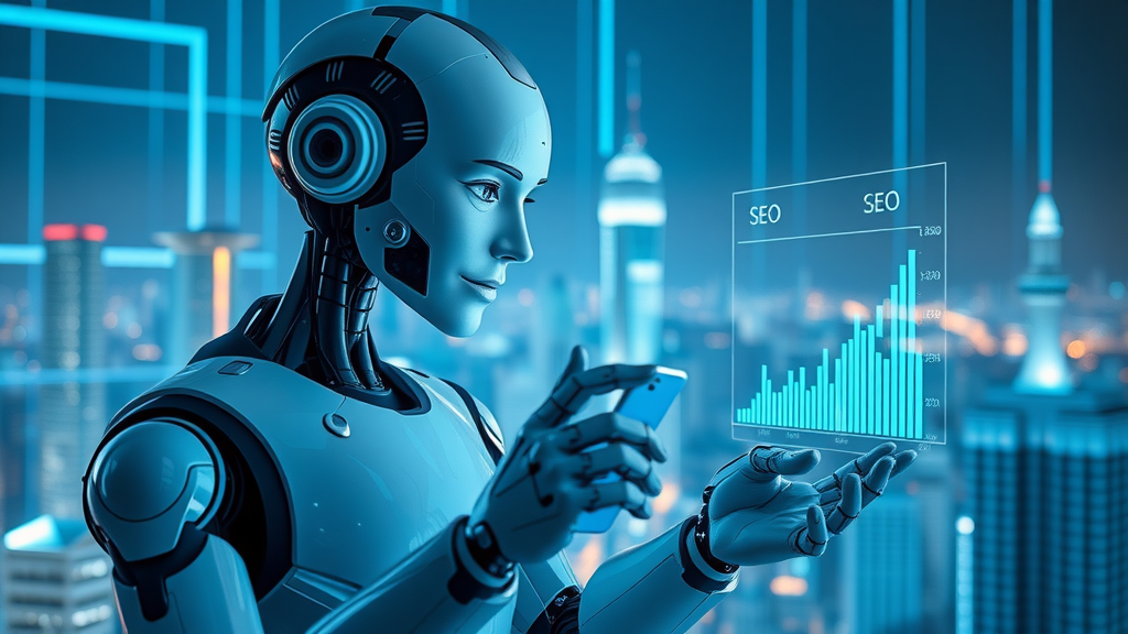 AI robot analyzing search engine ranking factors and SEO signals on a holographic dashboard