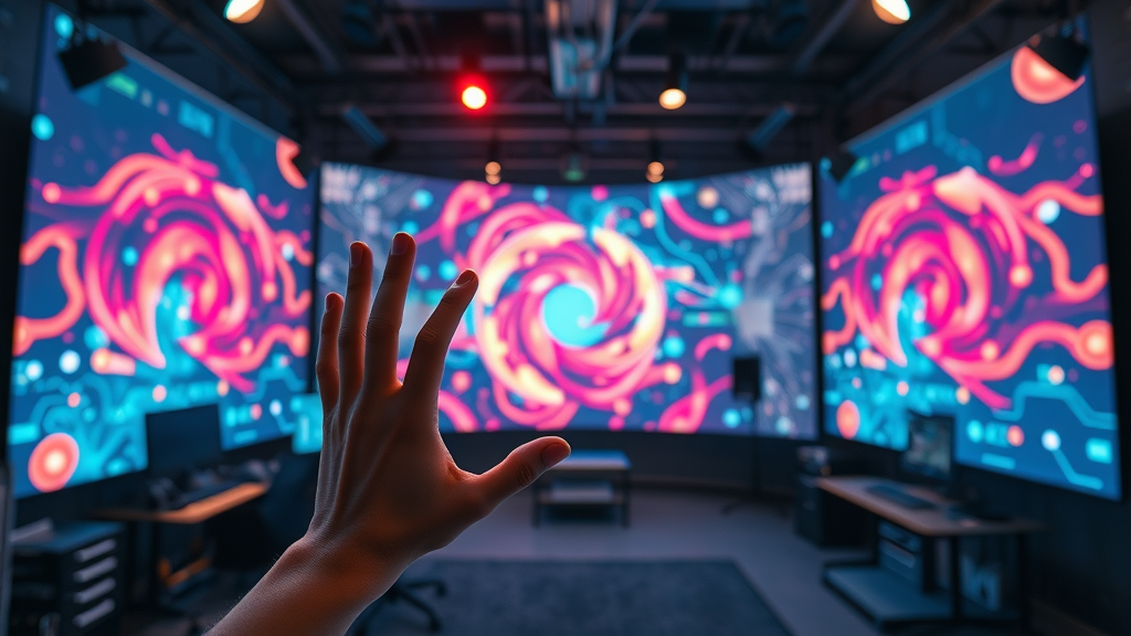 creative marketer using AI tools to generate content for artificial intelligence marketing strategies, digital studio with AI visuals