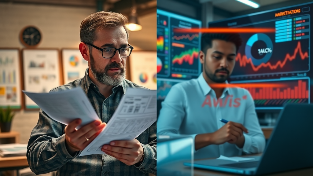 comparison of traditional marketing and data-driven marketing strategies, paper charts vs. digital dashboards