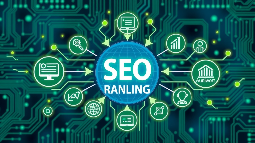 Infographic showing core SEO ranking signals, content quality, internal links, page speed, authority—influencing search engine ranking factors