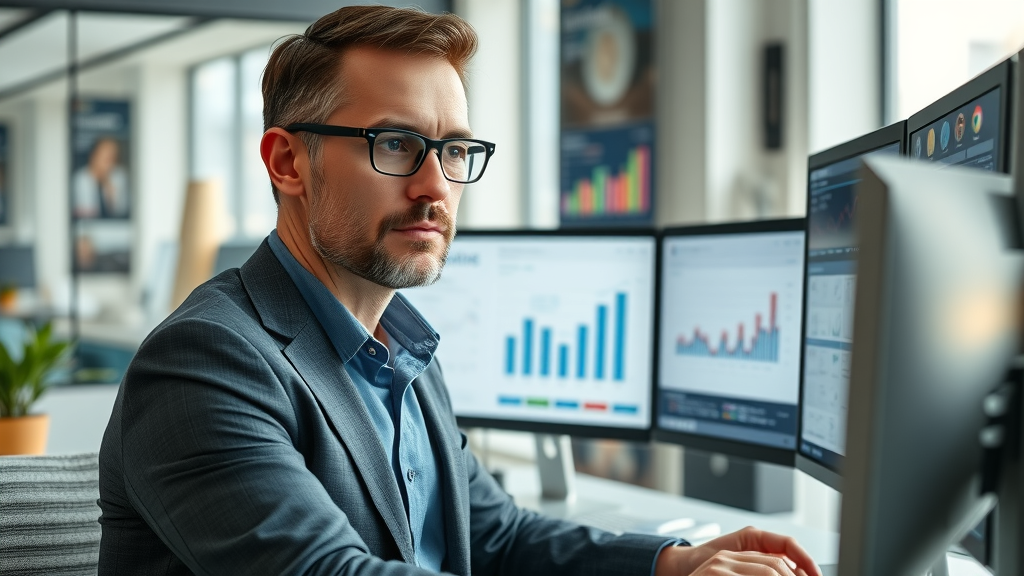 professional business analyst reviewing predictive analytics charts for artificial intelligence marketing strategies, audience segmentation on computer monitors