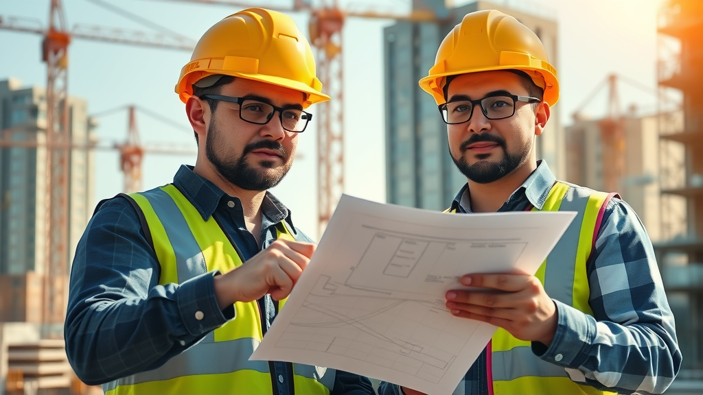 digital marketing for contractors - Professional contractors reviewing digital blueprints on a tablet at a bustling construction site with cranes and modern buildings