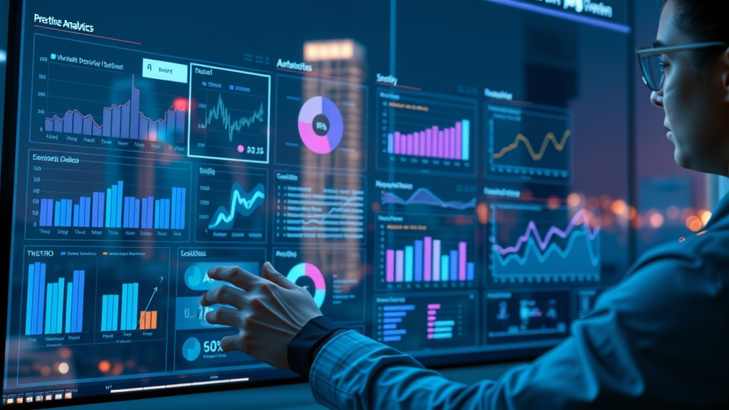 Marketer interacting with predictive analytics dashboard using ai marketing Houston with Houston city lights in background