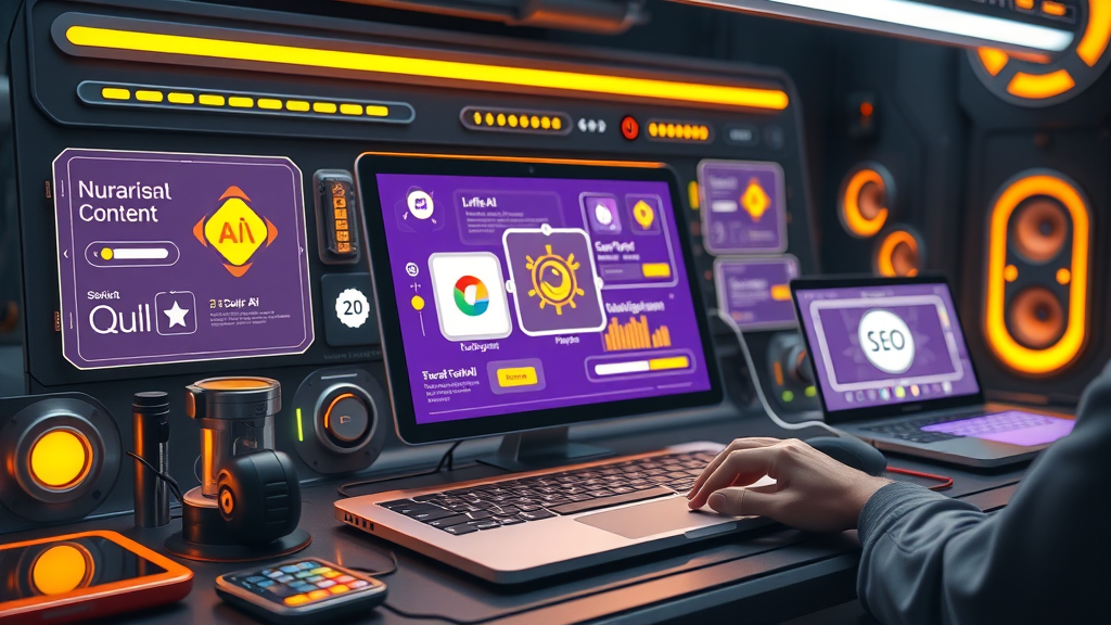 sleek digital toolbox filled with various AI content tools, AI-driven content strategies, Jasper, Surfer SEO, Buffer AI, content creation technology