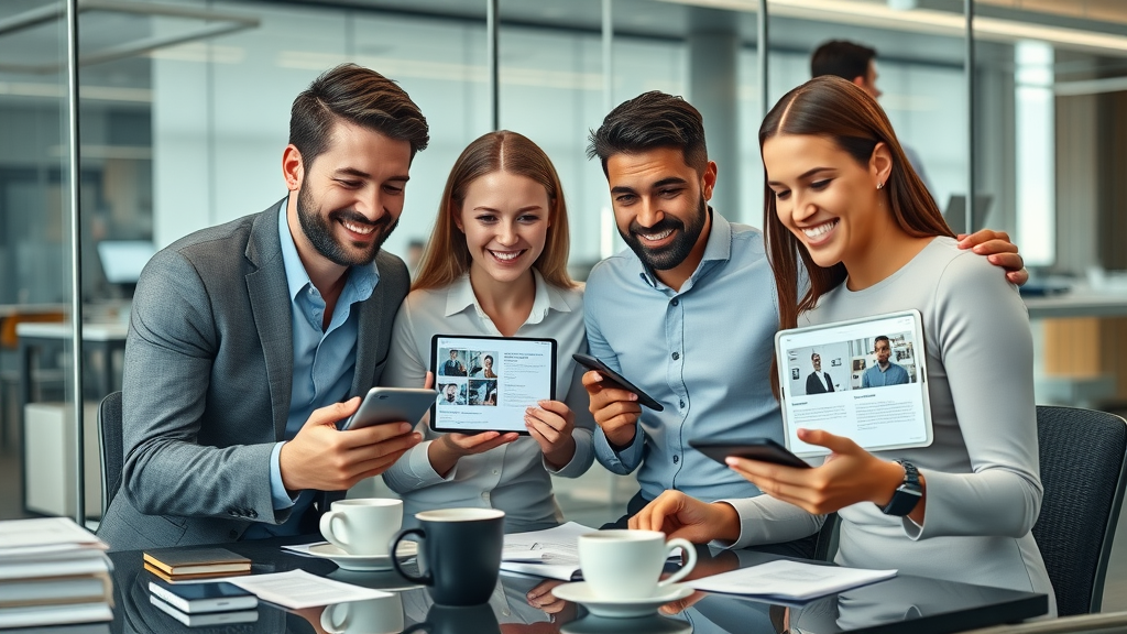 personalized content generation business team collaborating digital devices contemporary office