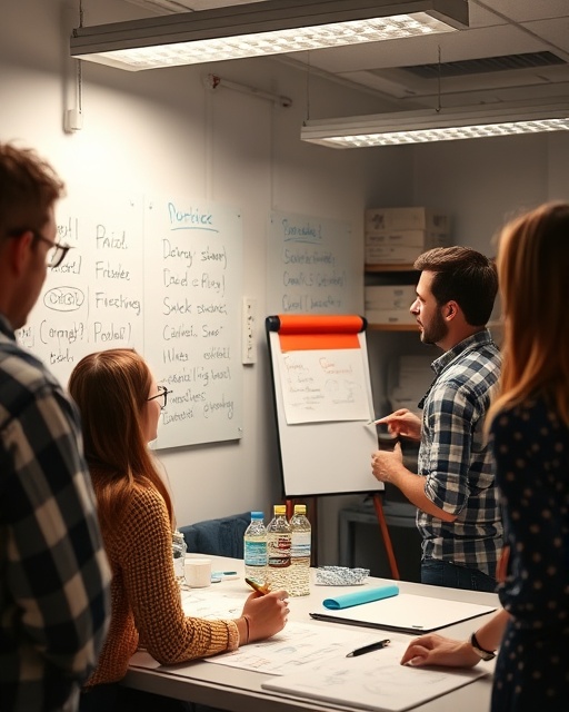 opportunity discovery, enlightened expression, uncovering hidden possibilities, photorealistic, lab with whiteboards full of sketches, highly detailed, people collaborating, sharp focus, warm and inviting colors, studio lighting, shot with a wide-angle lens.