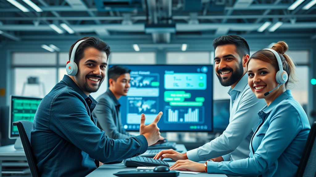 customer support team collaborating with AI-powered chatbot assistant in open office